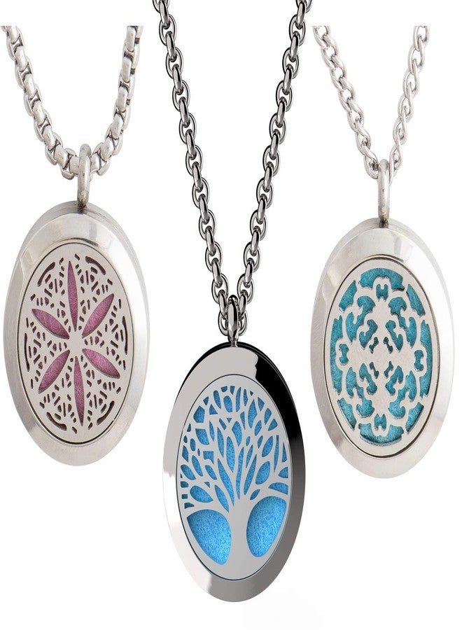 mEssentials Wild Essentials Tree of Life, Flower of Life and Cross Essential Oil Diffuser Necklace Stainless Steel Locket Pendants with 24 inch Chains and 36 Refill Pads - Image 1
